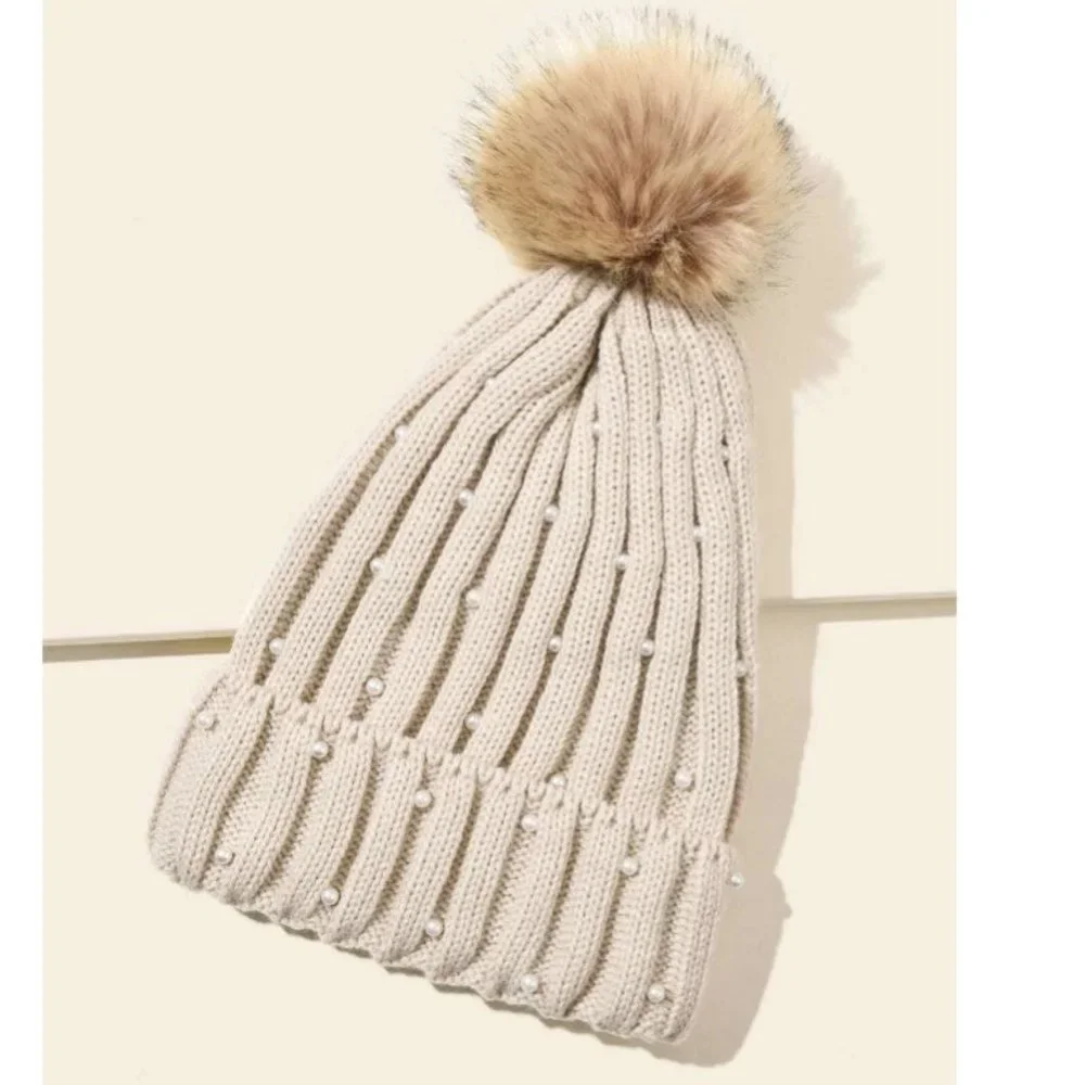 Cream Pearl Knit Beanie Hat Faux Fur Pom Pom Winter Warm Cozy Women's Cap